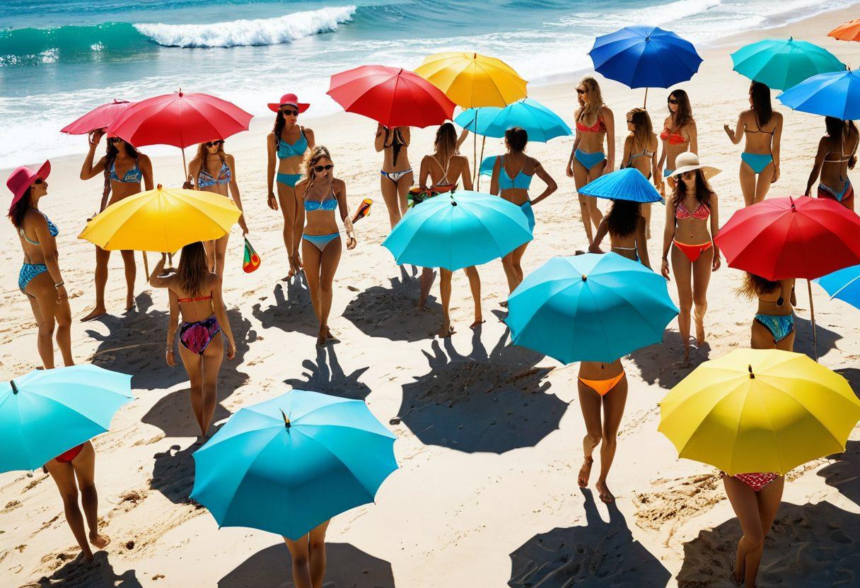 A stylish beach scene featuring diverse models showcasing the latest swimwear trends, including chic bikinis, playful one-pieces, and vibrant cover-ups. The background has sun-soaked sands and turquoise waves, with colorful beach umbrellas and surfboards. Incorporate accessories like sunglasses and beach hats for a full summer vibe. This captures a fun and lively atmosphere, inviting viewers to embrace the season's fashion. super-realistic. vibrant colors. summer theme.
